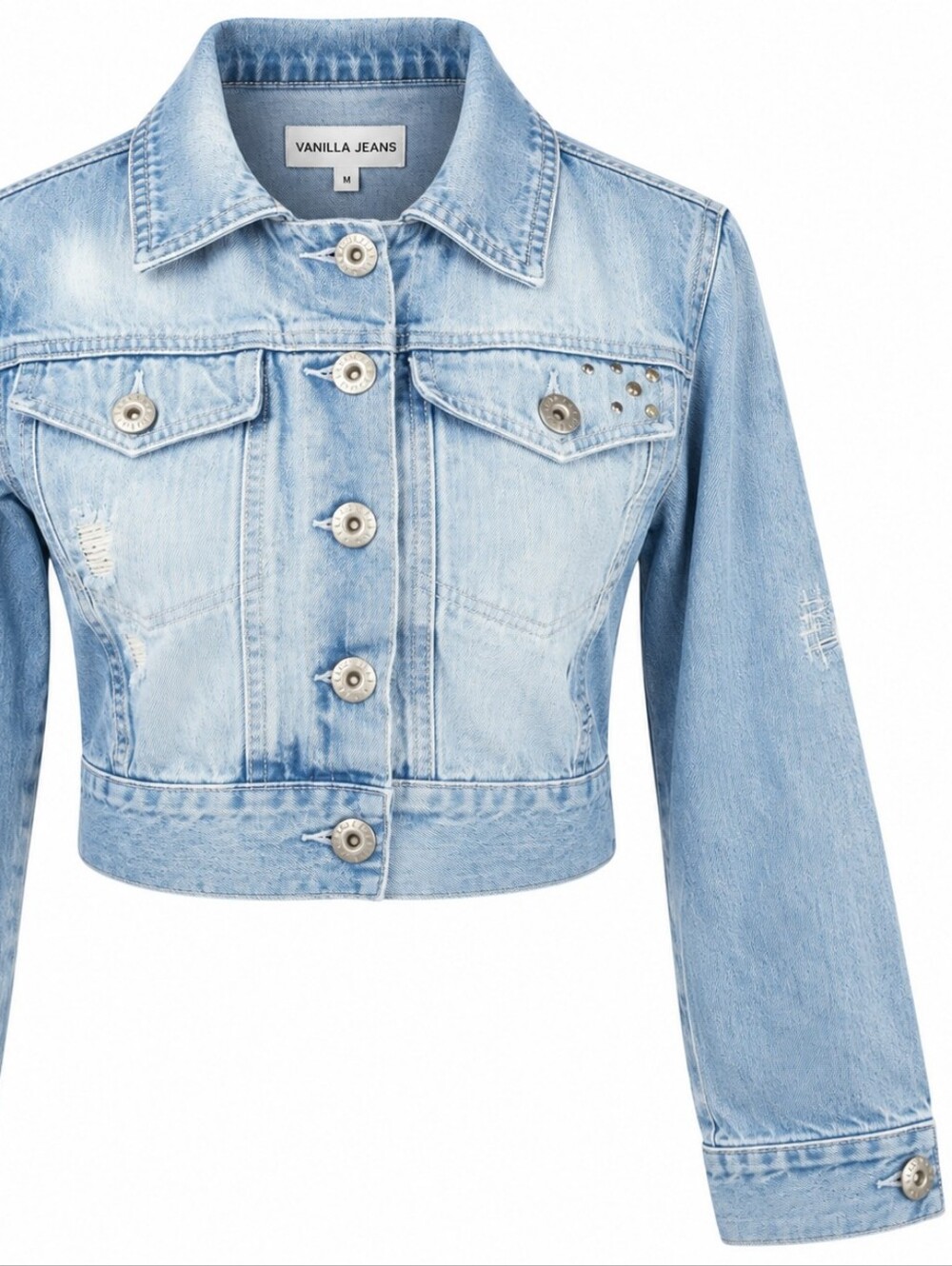 VANILLA JEANS | Y2K 90s Distressed Embroidered Cropped Blue Denim Jacket | M